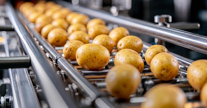 Whole potatoes travelling along a stainless-steel conveyor in the production line